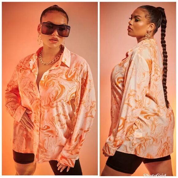 2/$20 Shein Orange and White Swirl Marble Button-Up Shirt - Picture 2 of 7